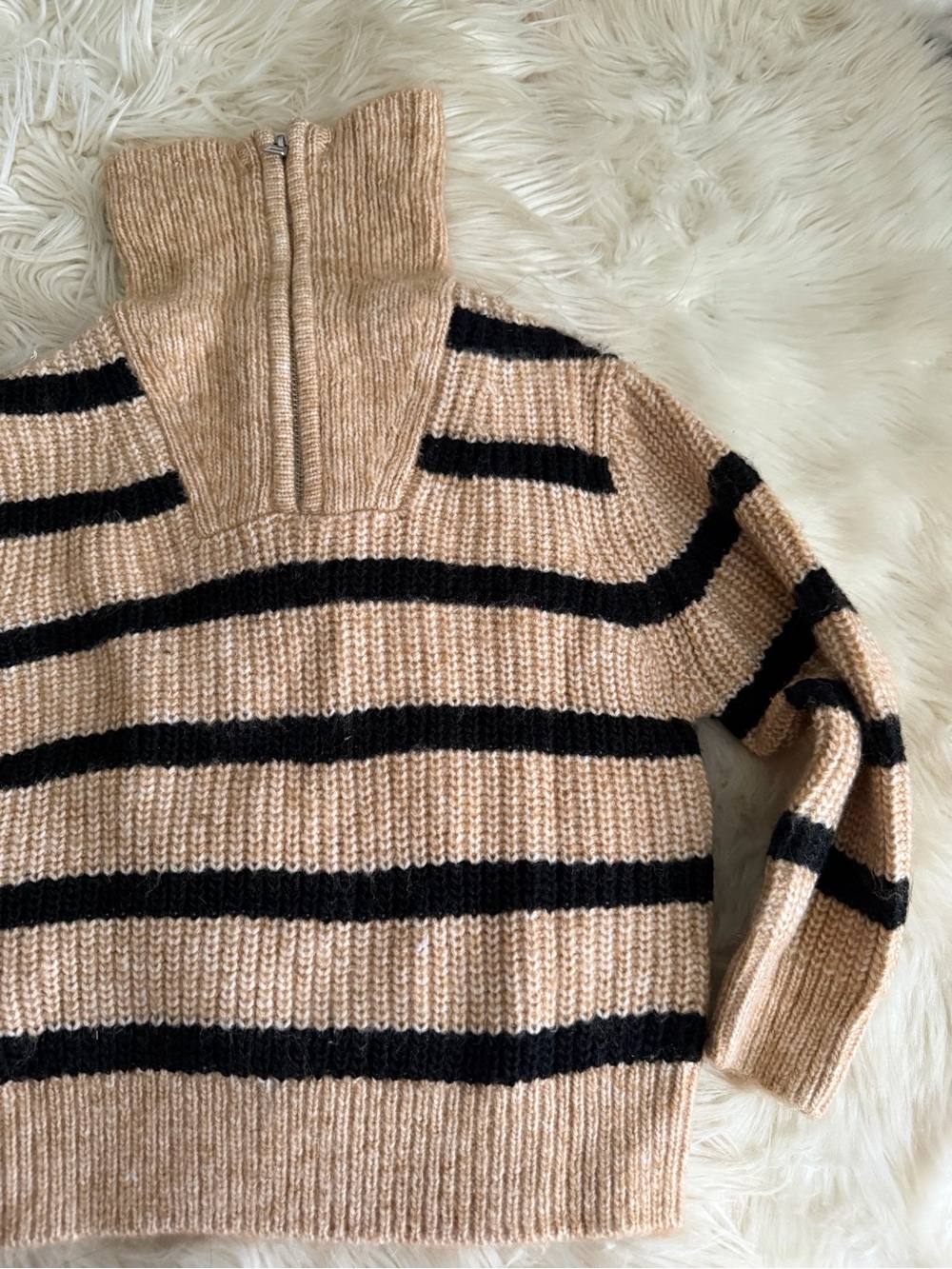 ZARA Girls Beige and Black Striped Half-Zip Knit Sweater - Picture 4 of 5